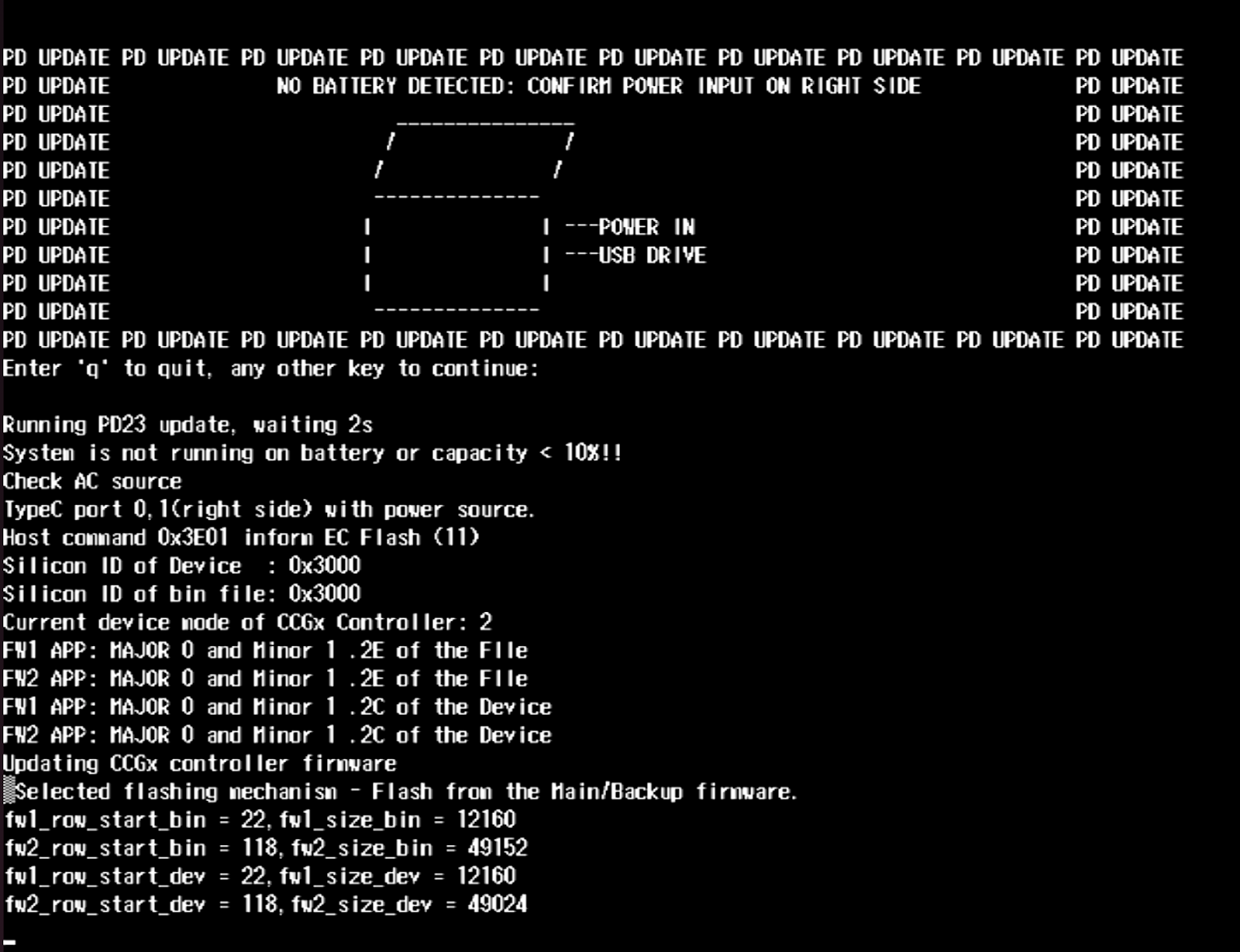 The PD updater flashing the left side PD controller firmware.